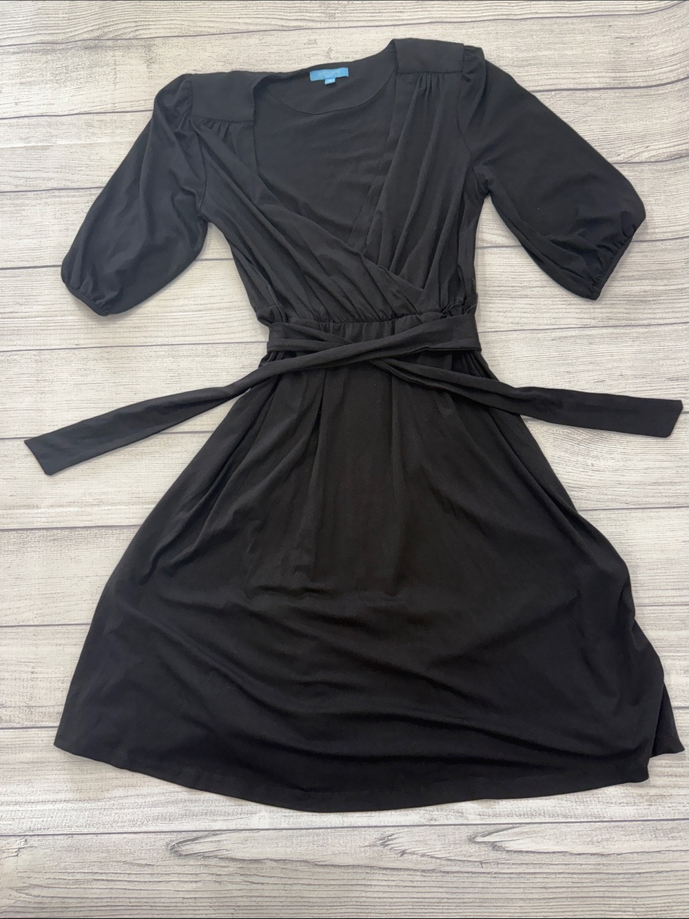 Draper James RSVP Black Faux Wrap Dress Medium Tie Waist 3/4 Sleeve